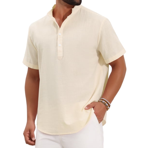 INSPIRE CHIC Regreso a Clases Camisa Henley para Hombre Cuello Mao Manga Corta Camisa de Lino 2XL Beige