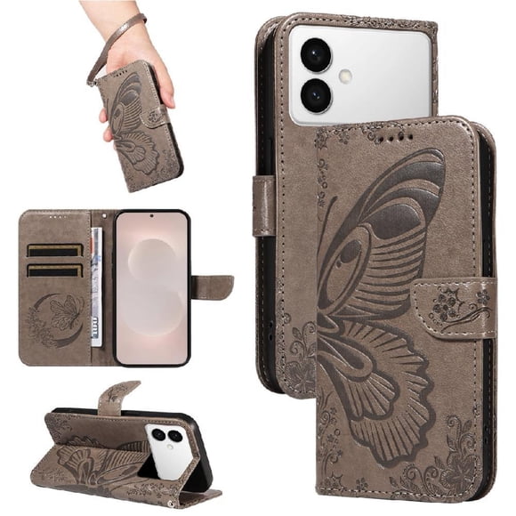 Funda tipo cartera para Samsung Galaxy S26 Edge con mariposa en relieve, correa y soporte Gris