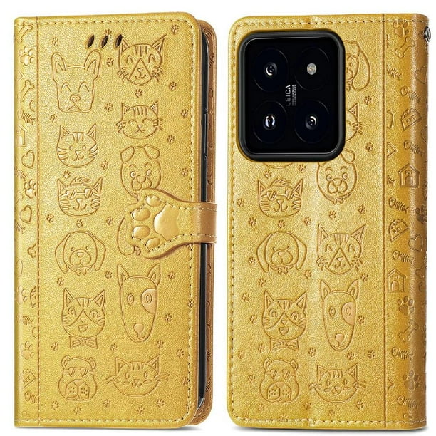 Funda Cartera FOXDOCK para Xiaomi 14T , Flip PU con Relieve de Gatos y Perros, Tarjetero y Soporte