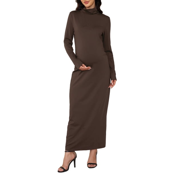 INSPIRE CHIC Vestido de Maternidad de Manga Larga con Cuello Alto y Fruncido Lateral de Punto Ajustado 2026 Vestidos de Embarazo para Otoño Invierno S Marrón