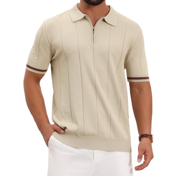 INSPIRA CHIC Regreso a Clases Polo de Punto para Hombre con Cremallera Cuarto de Manga Corta Textura Acanalada Top Casual M Beige