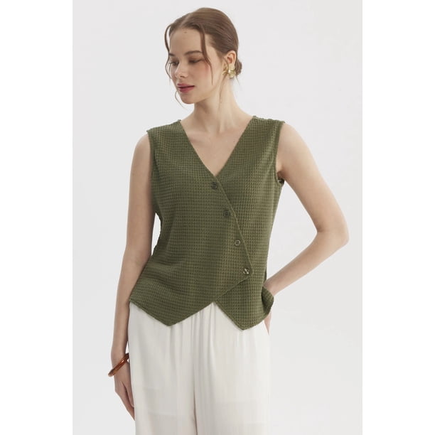 Polera Mujer Aplicación Botones Verde Olivo