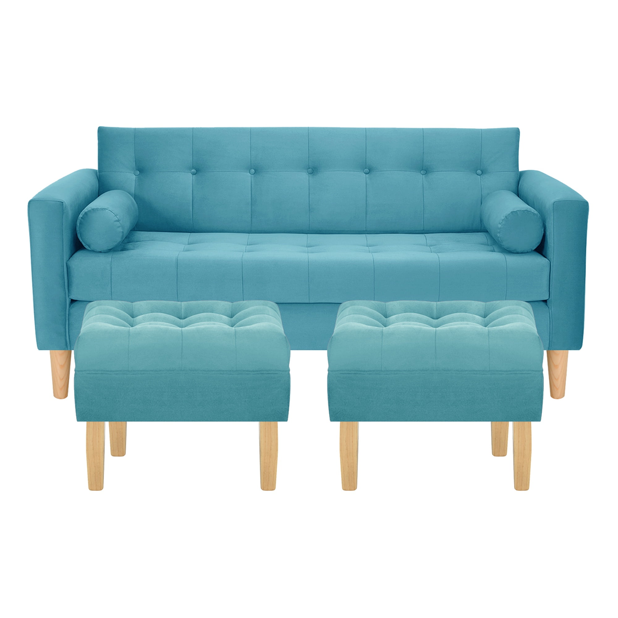 Bodevir - Sofa Retro 3c + 2 Pouf Felpa 05 Turquesa