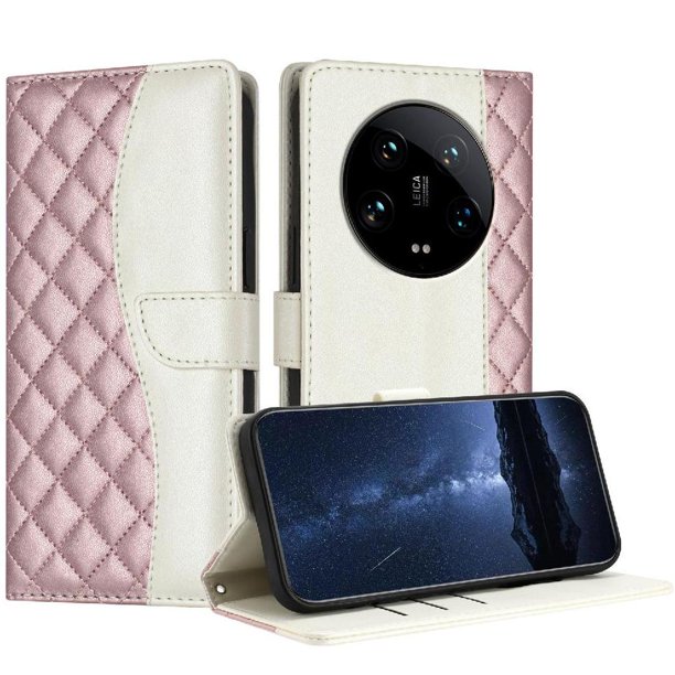 Funda Tipo Cartera Acolchada para Xiaomi 14 Ultra con Bloqueo RFID Ranuras y Correa Oro rosa