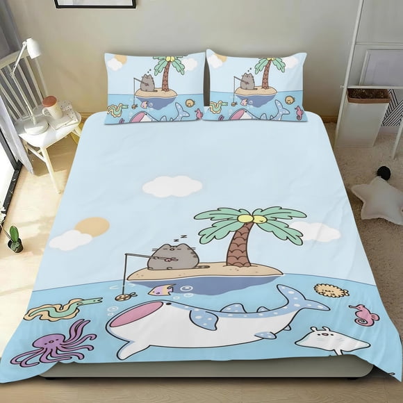 Pusheen el Gato Conjunto de sábanas temático, trío de piezas, cómodo y amigable con la piel, diseño único, regalo de decoración para el hogar para familiares, amigos y fans,173cm *218cm