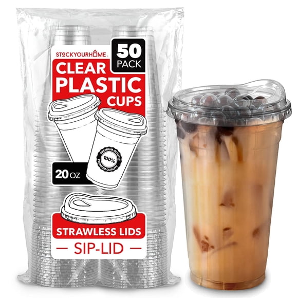 Vasos de plástico Stock Your Home de 20 onzas con tapa, 50 unidades, transparentes