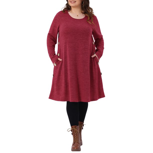 Agnes Orinda Conjuntos de Halloween Tallas Grandes Vestido de Manga Larga para Mujeres Moda Otoño 2025 Vestido de Punto con Cuello Redondo y Botones Laterales con Bolsillos 1X Burdeos