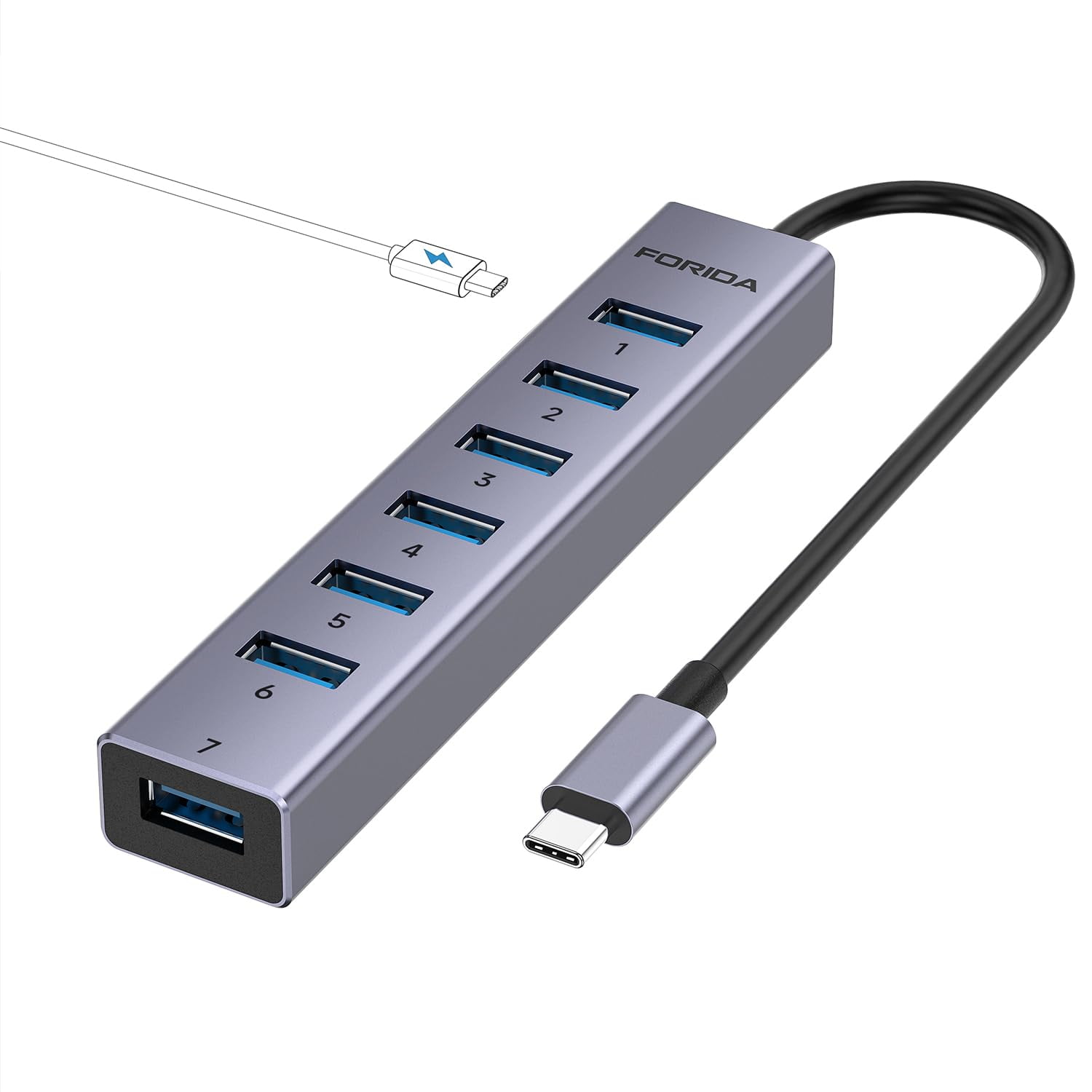 Hub Usb C A Usb Forida Adaptador Usb 3.0 De 8 Puertos Con Puerto De Alimentación