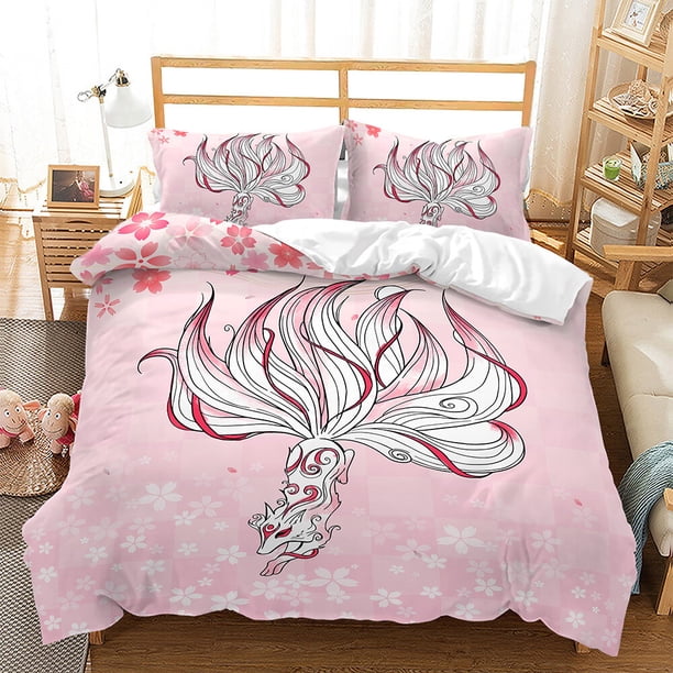 Cartoon Fox Cherry Blossom Printed Duvet Cover Quilt Cover Pillow Cases Bedding Set3-Piece Bedding Set (1 Duvet Cover + 2 Pillow Shams)