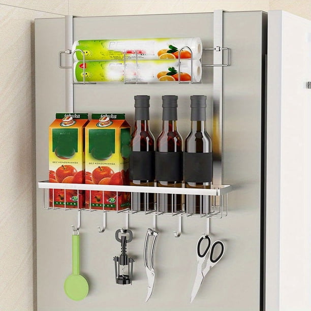 1pc Nali-free Kitchen Refrigerator Storage Rack, Side Door Storage Hanging Rack, Stainless Steel Wall-mounted Side Hook, Kitchen Utensil Rack, Cooking Rack, Kitchen Utensil