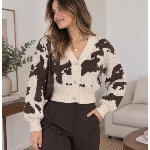 Cardigan Mujer Tejido Estampado Manchas Con Botones Joya cafe Talla Única