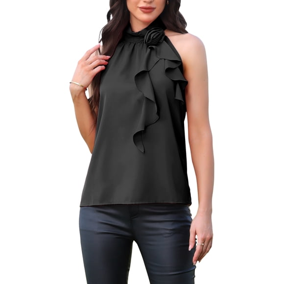 Top de cuello halter FAB CURVES para mujer Blusa casual elegante sin mangas con diseño floral 3D S Negro