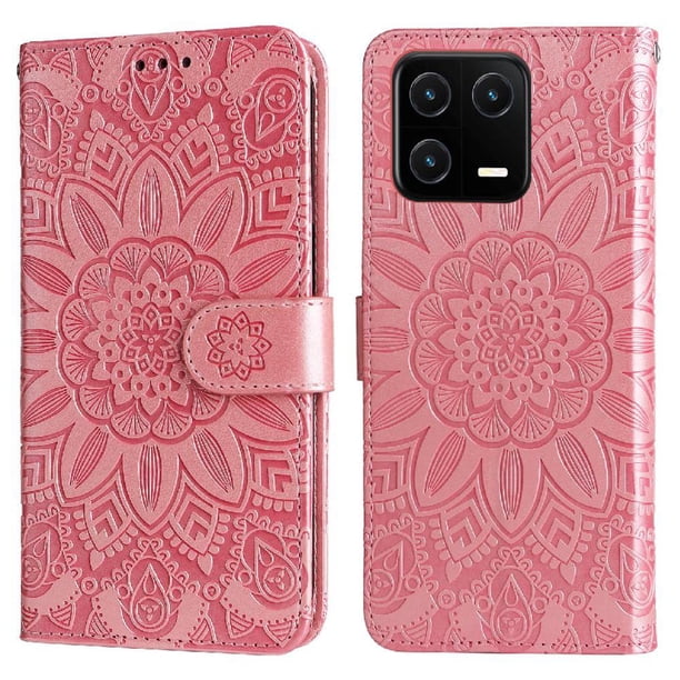Funda tipo cartera FOXDOCK para Xiaomi 13 , diseño girasol en relieve, cuero PU, cierre magnético, soporte y tarjetero