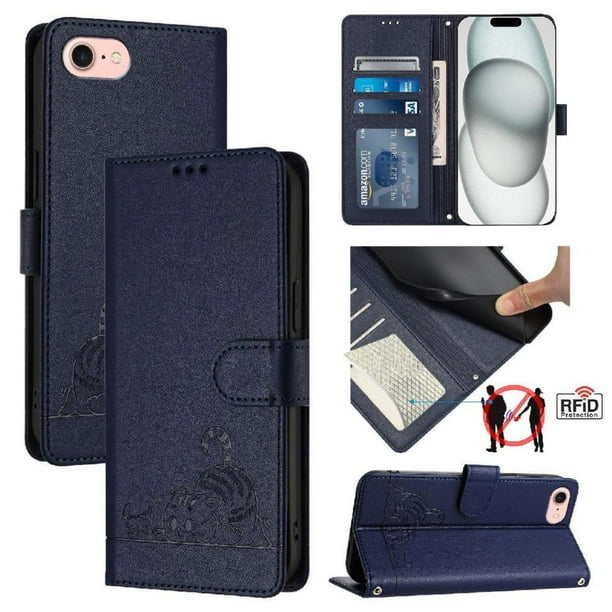 Funda tipo cartera FOXDOCK para iPhone SE 2022/2020 con soporte, ranuras, RFID, diseño de gato