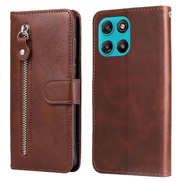 Funda tipo cartera para Motorola Moto G57/G57 Power 5G con bolsillo con cremallera y ranuras para tarjetas – Función de soporte Marrón