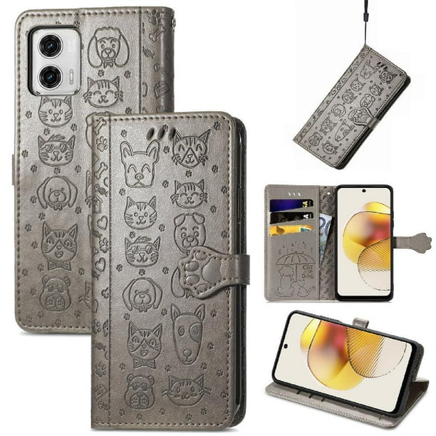 Funda Cartera FOXDOCK para MOTO G73 , Flip PU con Relieve de Gatos y Perros, Tarjetero y Soporte