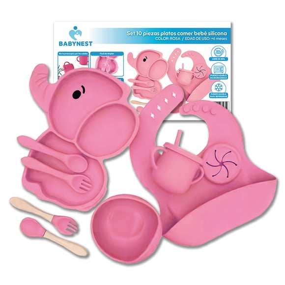 Set 10 Piezas Platos Comer Bebé Silicon Color Rosa Rosado