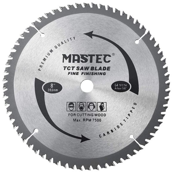 Hoja de sierra MASTEC de 8" con 64 dientes y sistema anti-retroceso, eje de 5/8"