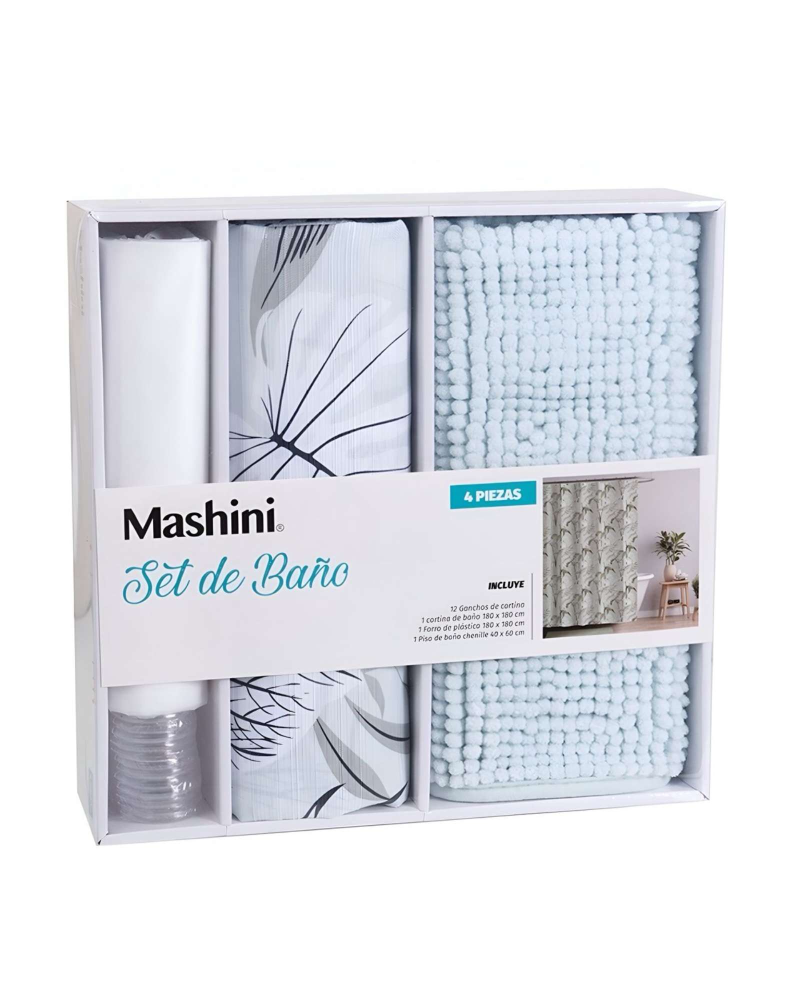 Set De Baño En Caja 4 Piezas Cortina Con Alfombra Mashini