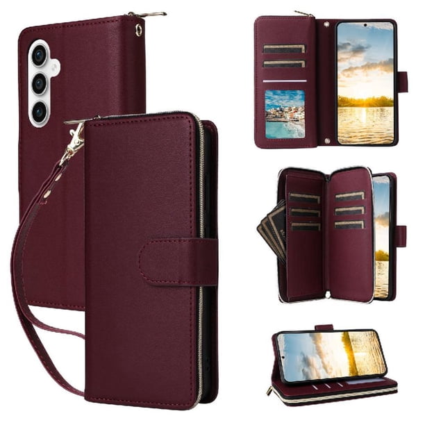 Funda Cartera con Cremallera y Correa para Samsung Galaxy S23 FE Soporte y Tarjetero Rojo