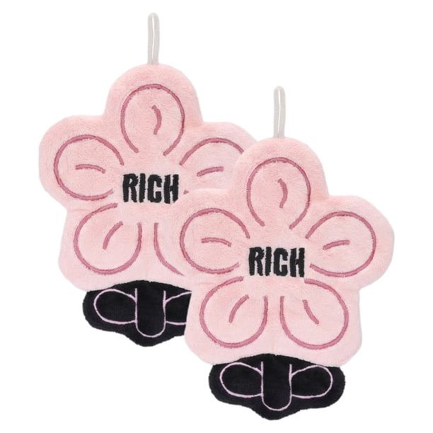 REGALWOVEN Toallas de Mano Colgantes en Forma de Flor, Toallas Decorativas de Felpa Suave Súper Absorbente con Letra para Cocina, Baño, 11" x 9" Rosa 2pk