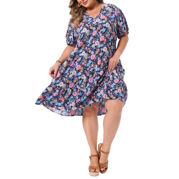 Vestido de Verano Midi con Estampado Floral, Cuello en V, Manga Corta, Estilo Bohemio, para Playa y Vacaciones, Talla Grande, con Bolsillo, 2X Azul Oscuro, para Mujeres de Agnes Orinda