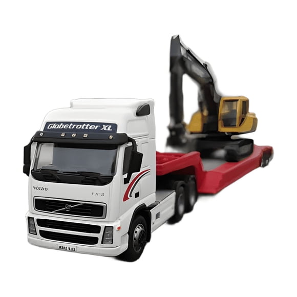 Camión Volvo FH12 cama baja con excavadora 1:87 crema