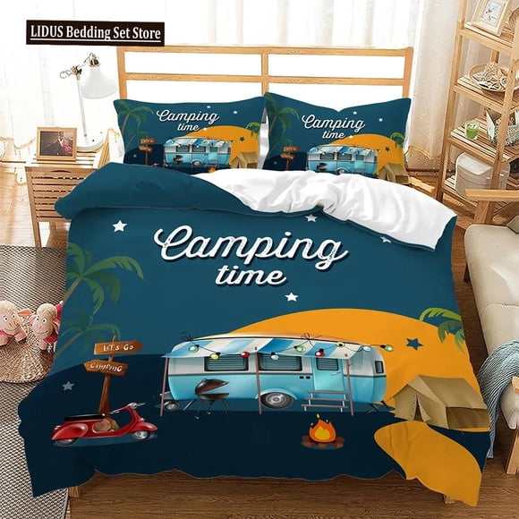v1101 Bed Sheets Camper Time Print Bedding Set Camping Car Duvet Cover Travel Theme Cartoon Camping Comforter Cover Full King For Teens Adult 3-Piece Bedding Set (1 Duvet Cover + 2 Pillow Shams) Bed S
