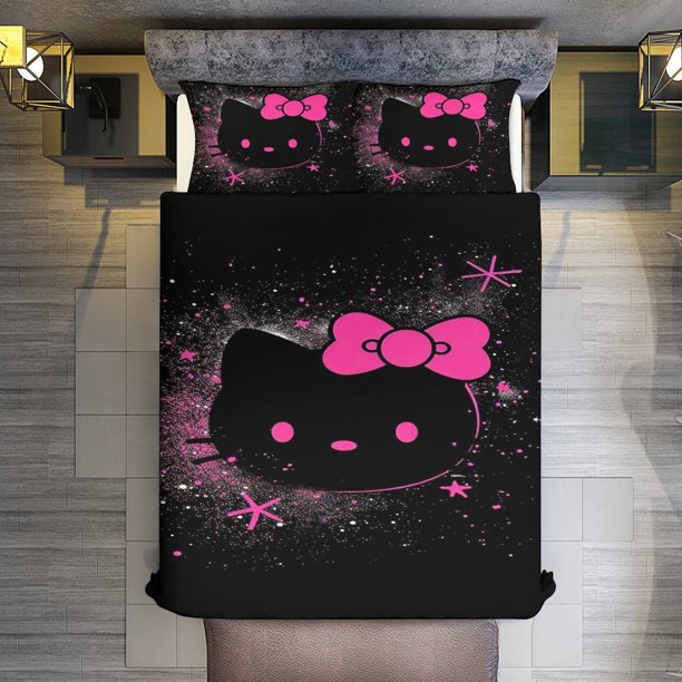 Black Pink Hello Kitty Comforter Twin SizeComforter Set for Kids Girls3Pcs Bedding Set Printed Comforter with 2 PillowcasesDown AlternativeSoft and Lightweight Bed Sheets