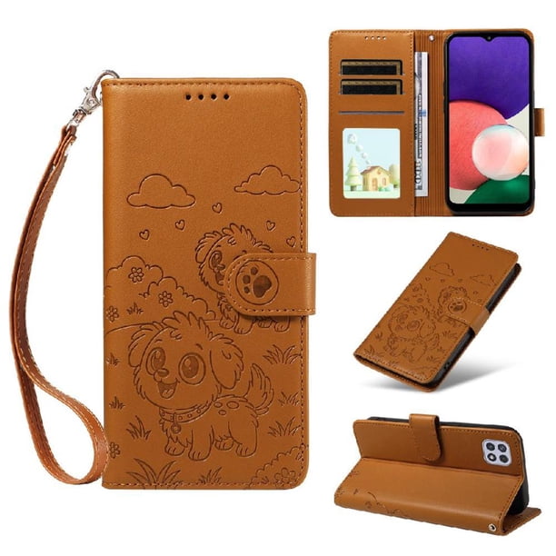 Funda Cartera para Samsung Galaxy A22 5G Perro Cachorro Grabado con Tarjetas Soporte Correa Marrón