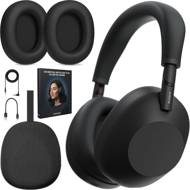 Sony WH1000XM6/B, los mejores audífonos inalámbricos con cancelación de ruido, color negro, paquete con repuestos de almohadillas para audífonos Deco Essentials y guía maestra no oficial de Deco Gear