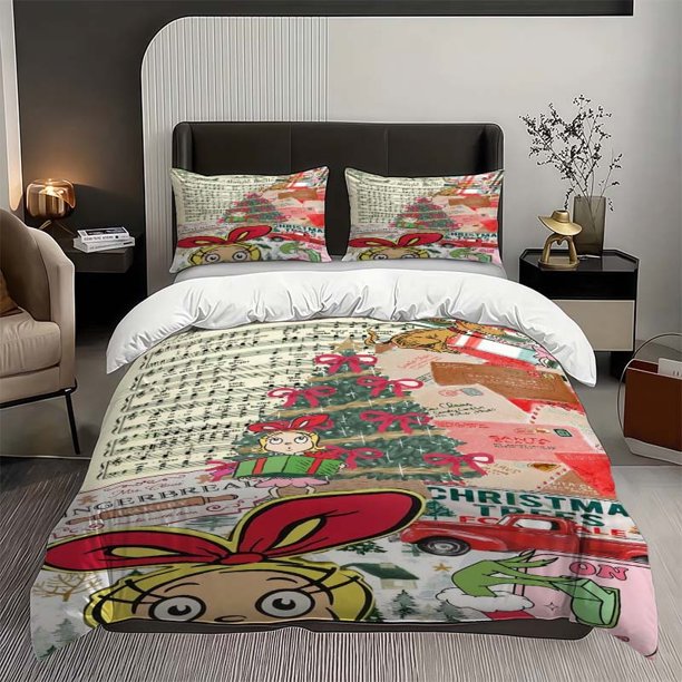 3pcs Christmas Collage "Ode to Joy" Themed Bedding Set Duvet Cover and Pillowcase Set Soft and Comfortable
