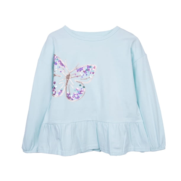 Polera Niña Manga Larga con Vuelo y Lentejuelas Aqua