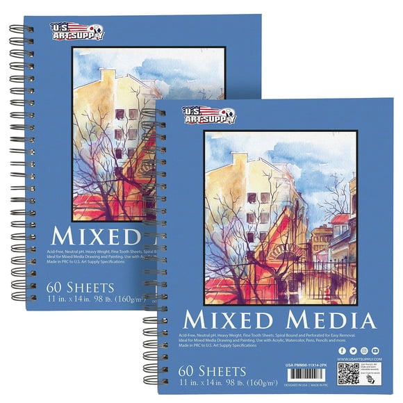 Bloc de papel con técnica mixta, cuaderno de bocetos, US Art Supply, 11 x 14, paquete de 2