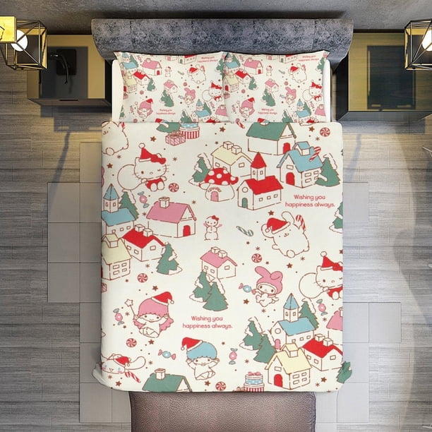 Merry Christmas Hello Kitty 3 Pieces Duvet Cover Set Full Size Super Soft Fade Resistant Microfiber