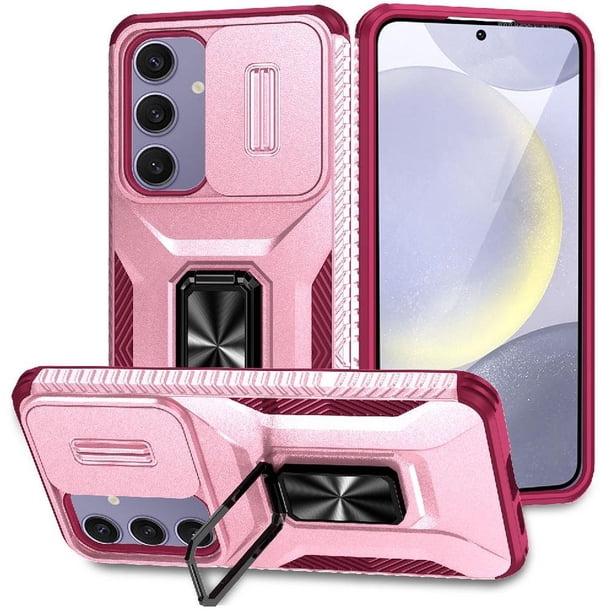 Funda Armada para Samsung Galaxy S24 FE con Tapa Deslizante y Soporte Magnético Giratorio Rosa