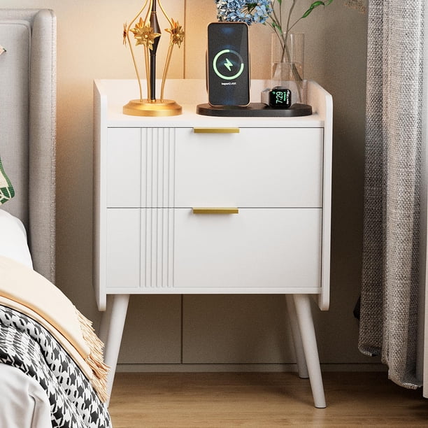 Mesita de noche moderna blanca Aenuert con 2 cajones de almacenamiento, pequeña mesa auxiliar de madera para dormitorio, estudio y espacios reducidos