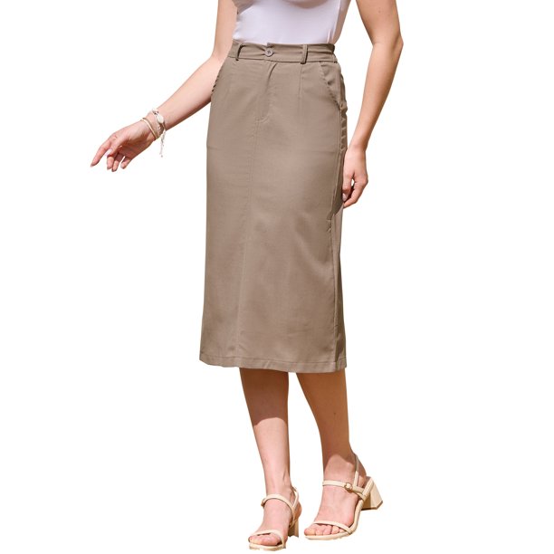 Falda Midi de Algodón y Lino INSPIRE CHIC para Mujer Casual con Abertura Trasera y Bolsillos L Marrón