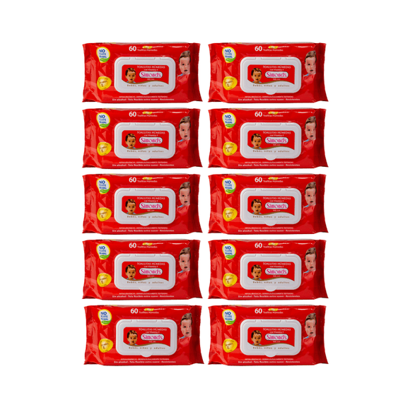 Pack 10 Toallitas Húmedas Simonds Baby Care 60un , Hipoalergénicas,