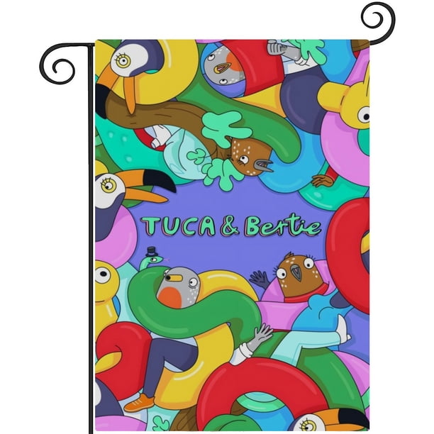 Tuca y Bertie-bandera de jardín temática. Regalo perfecto para fans, amigos y familiares, ideal para actividades al aire libre y decoración de fiestas.28CM*45CM
