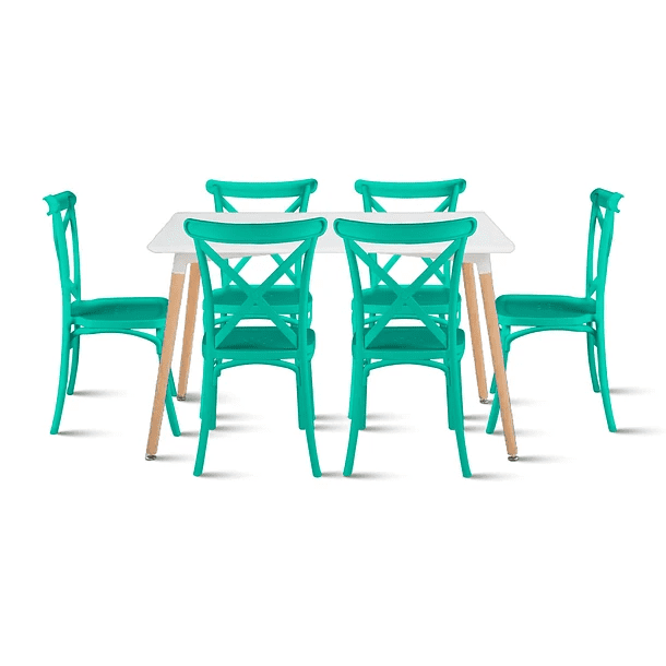 Klik Muebles - Comedor Rectangular Blanca 120x80cms + 6 Silla Crossback Danubio Menta