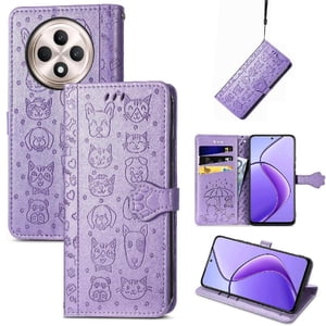 Funda Cartera Foxdock Para Oppo Reno 12F , Flip Pu Con Relieve De Gatos Y Perros, Tarjetero Y Soporte