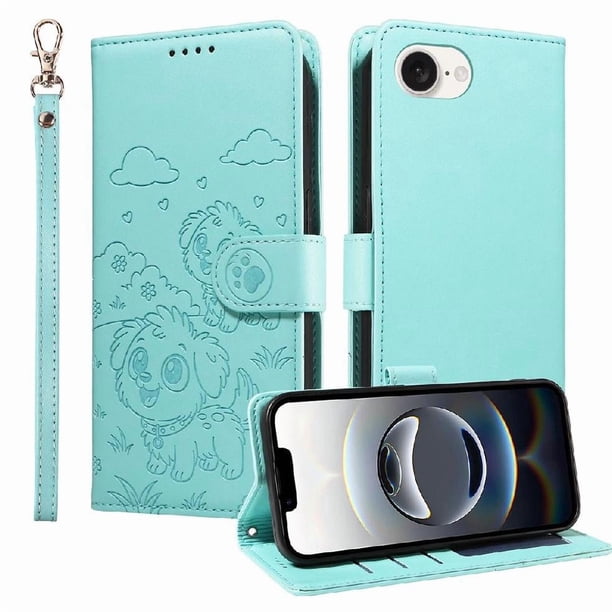 Funda Cartera para iPhone 16e Perro Cachorro Grabado con Tarjetas Soporte Correa Verde