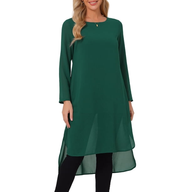 INSPIRE CHIC Blusas de Mujer con Cuello Redondo de Chifón, Camisas Asimétricas Sueltas de Manga Larga con Abertura Lateral, Talla L, Verde Oscuro