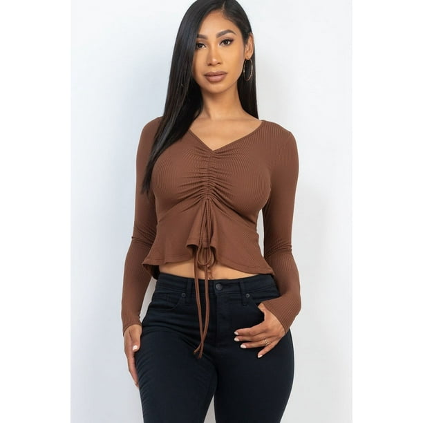 Top Peplum de Manga Larga con Cordón Delantero Acanalado