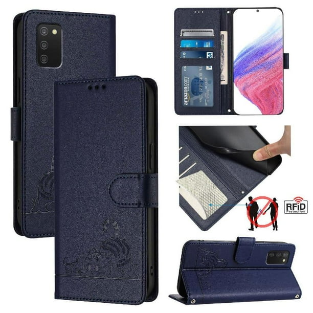 Funda tipo cartera FOXDOCK para Samsung Galaxy A03s con soporte, ranuras, RFID, diseño de gato