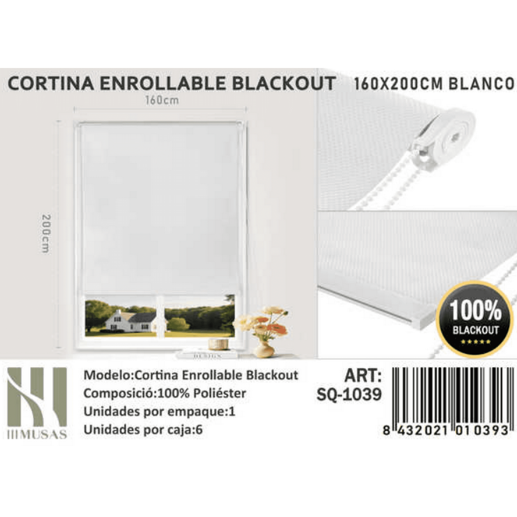 Tecnocasa - Cortina Roller Blackout 160x200cm Blanco -1039