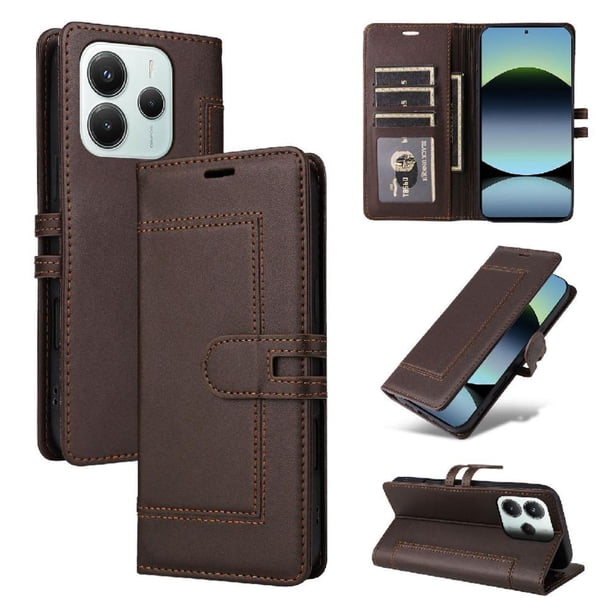 Premium Wallet Case for Xiaomi Redmi Note 14 5G with Card Slots & Kickstand, Flip Cover Brown