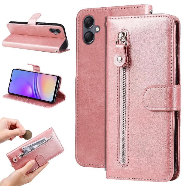 Funda tipo cartera para Samsung Galaxy A05 con bolsillo con cremallera y ranuras para tarjetas – Función de soporte Rosa