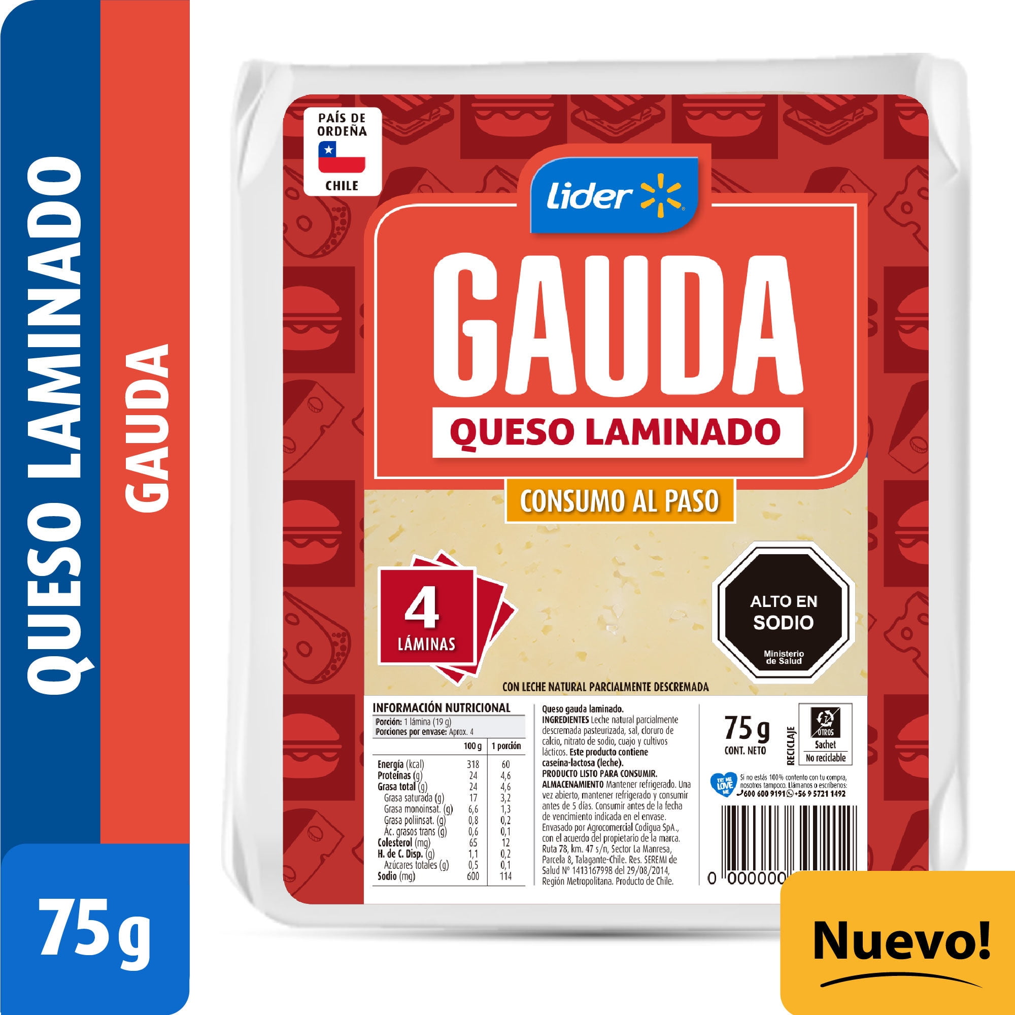 Queso Gauda Laminado 75 g Lider